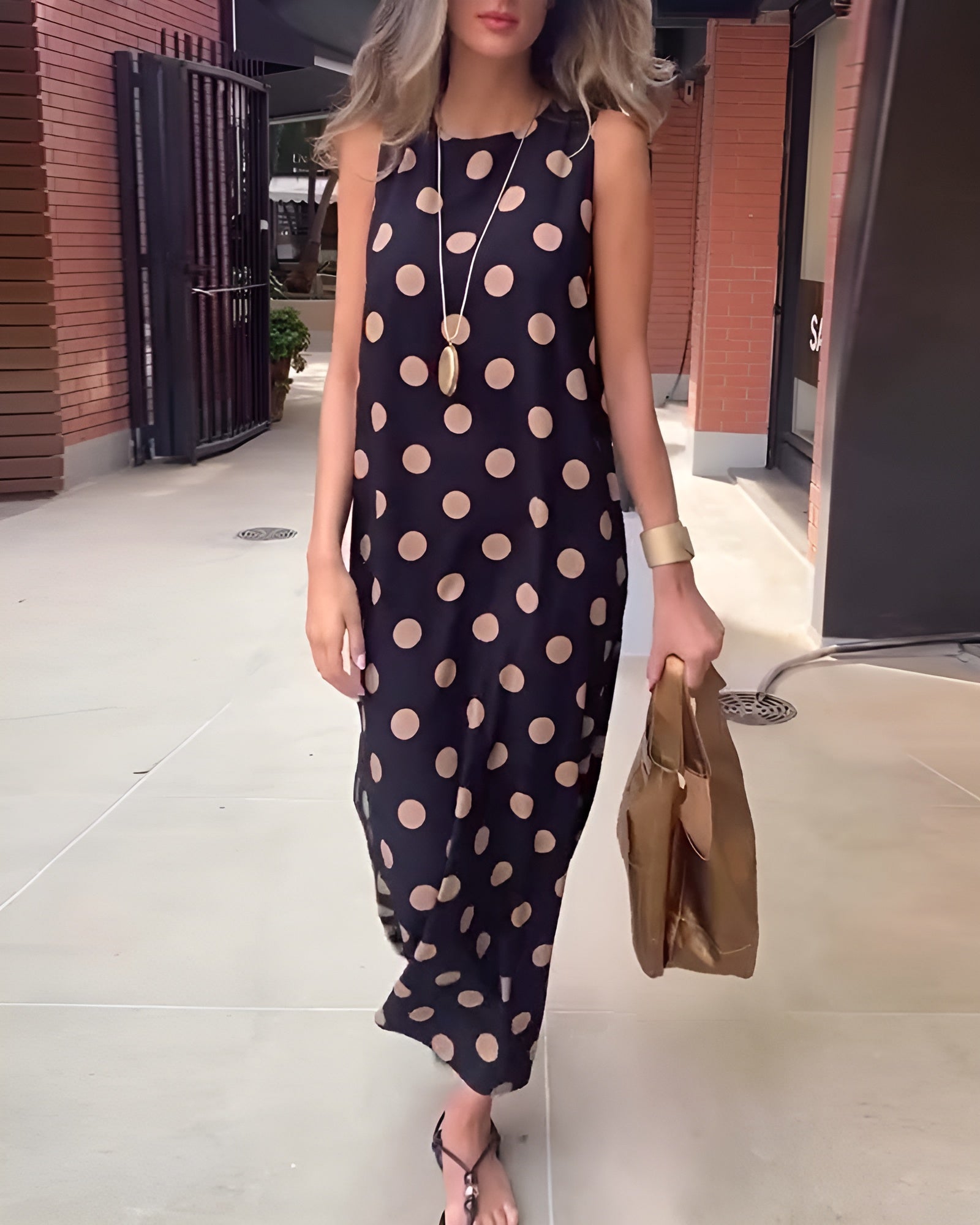 Women's Polka Dot Maxi Dress Tummy Control Flowy Black - Vonnera