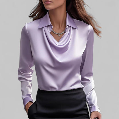 Women's Satin Blouse Long Sleeve Draped Neck