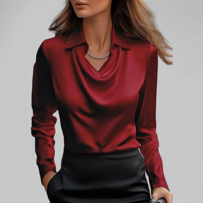 Rose | Women’s Draped Neck Long Sleeve Satin Blouses Caliboot