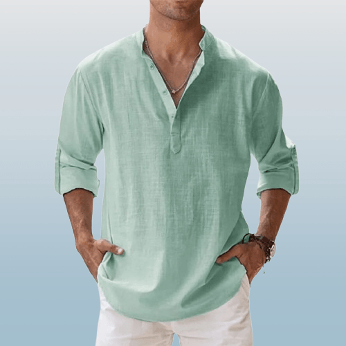 Men's Linen Blend Henley Shirt Long Sleeve Casual Regular Fit