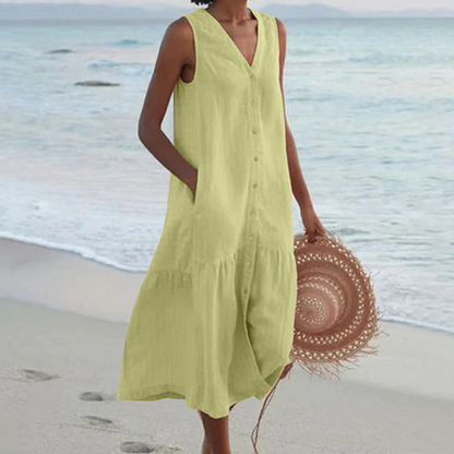 Women's Button-Down Summer Dress Cotton Elegant Beige