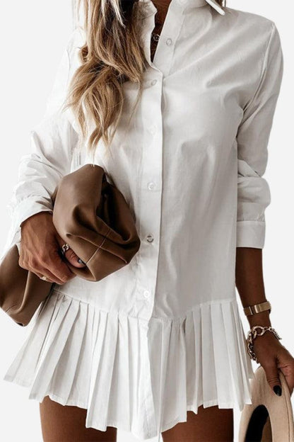 Women's Button-Down Shirt Dress White Pleated Hem - Vonnera