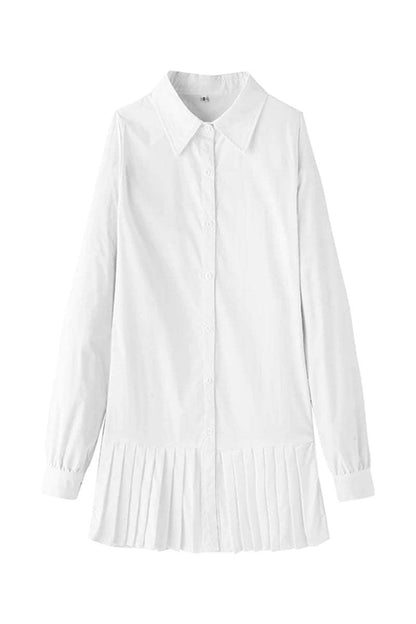 Clara | Women's White Pleated Hem Button-Down Shirt Dress