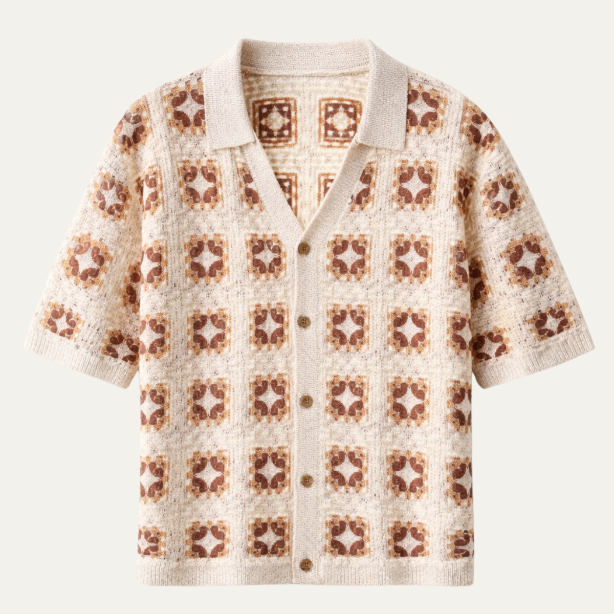 Men's Knitted Cardigan Shirt Crochet Mesh Beige - Vonnera