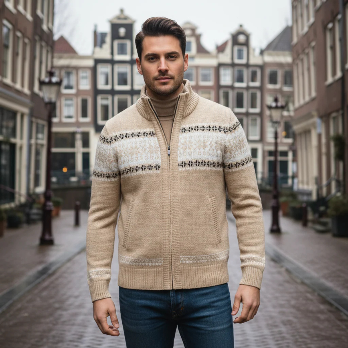 Men's Winter Knit Cardigan Nordic Pattern Zip Up