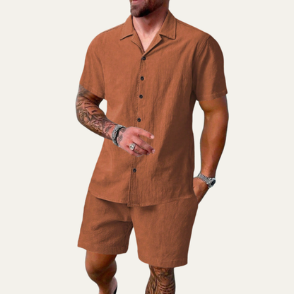 Men's Summer Shorts Set Cotton Shirt Lightweight