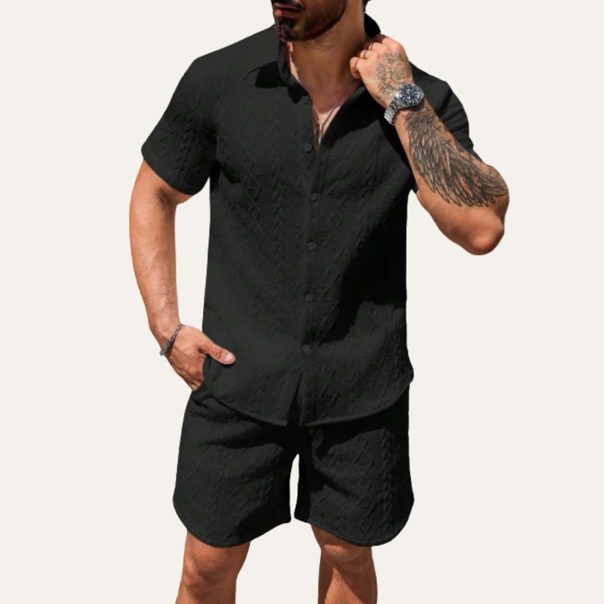Mens Textured Summer Shirt And Shorts Set