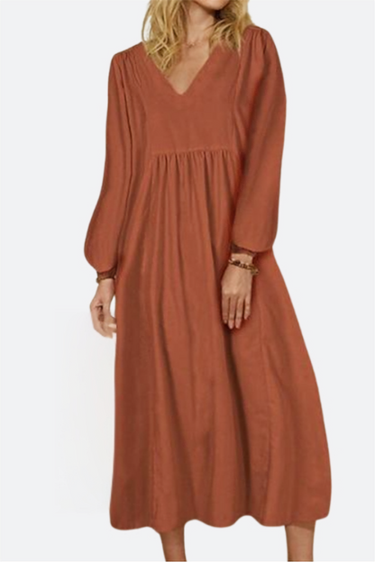 Women's V-Neck Midi Dress Smocked Waist Balloon Sleeves - Vonnera