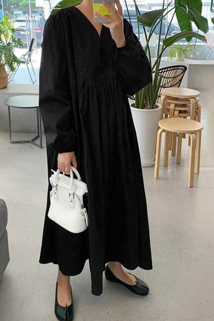 Autumn | Women's V-Neck Smocked Waist Midi Dress with Balloon Sleeves