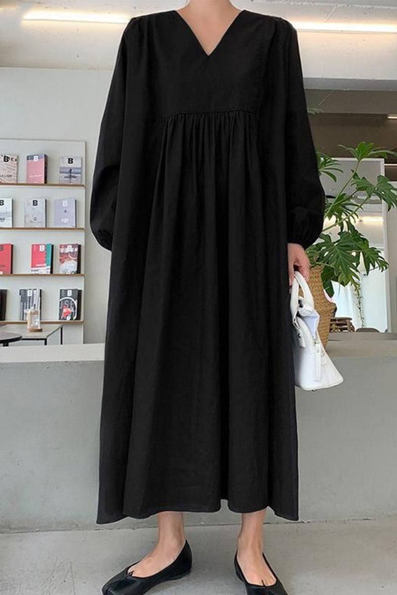 Women's V-Neck Midi Dress Smocked Waist Balloon Sleeves