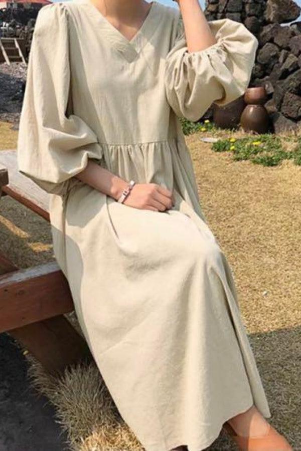 Women's V-Neck Midi Dress Smocked Waist Balloon Sleeves
