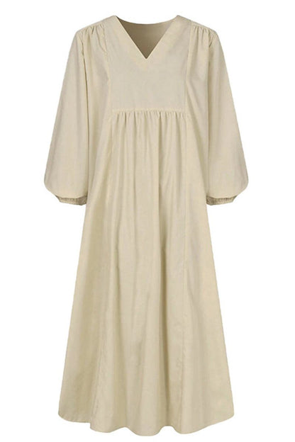 Women's V-Neck Midi Dress Smocked Waist Balloon Sleeves