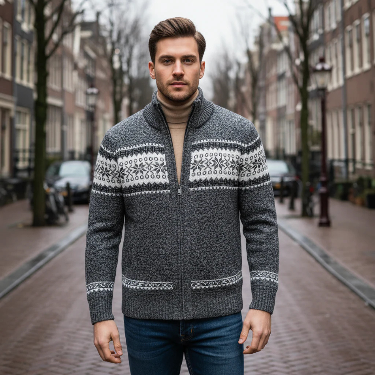 Men's Winter Knit Cardigan Nordic Pattern Zip Up