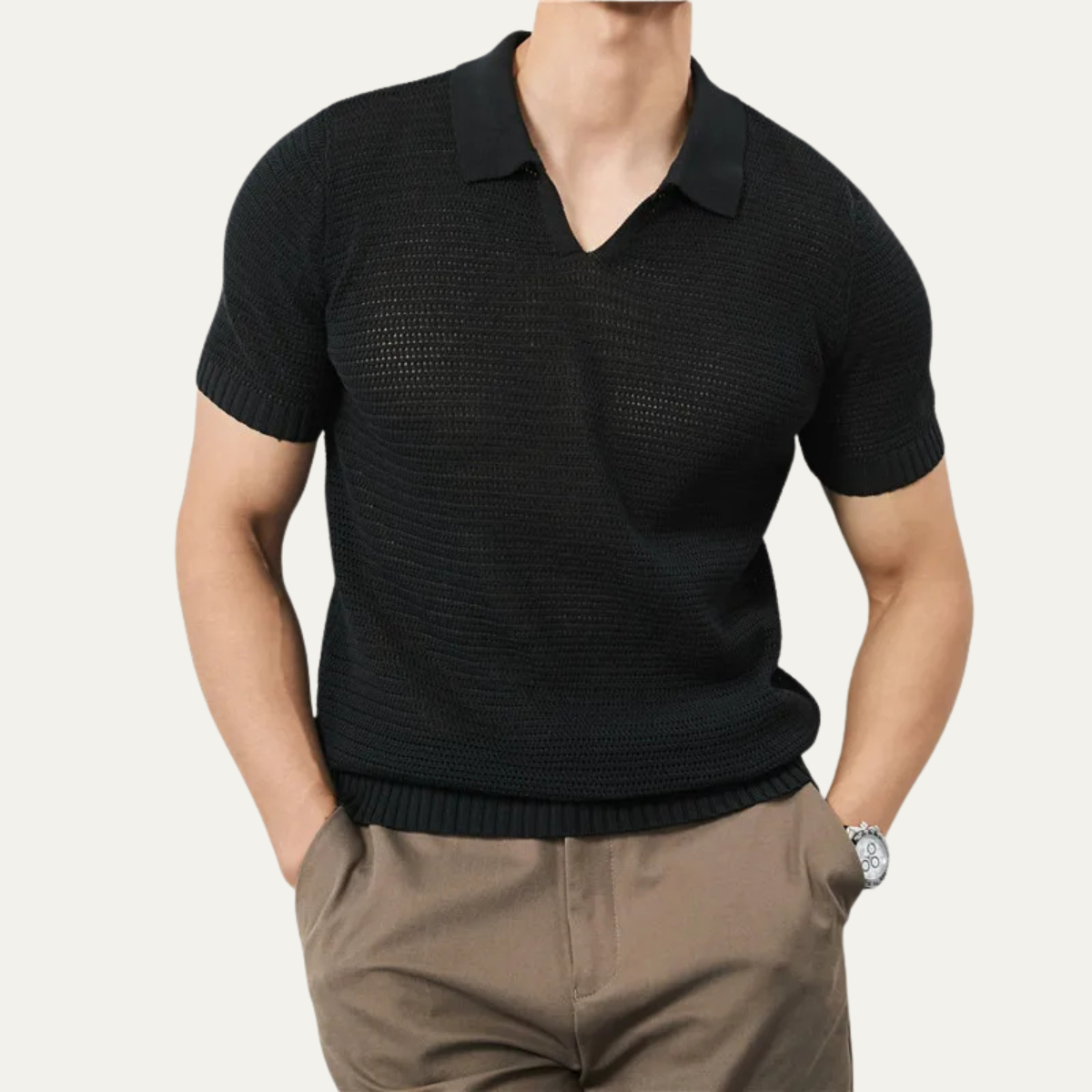 Men's Knitted V Neck Polo Shirt Breathable