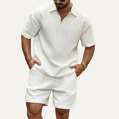 Men's Waffle Knit Polo And Shorts Set