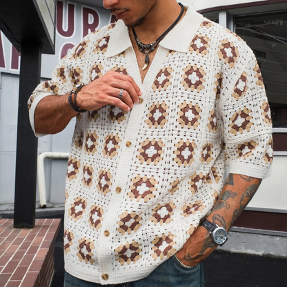 Men's Knitted Cardigan Shirt Crochet Mesh Beige