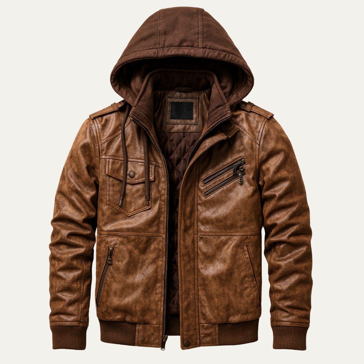 Men's Leather Bomber Jacket Hooded Classic Style - Vonnera