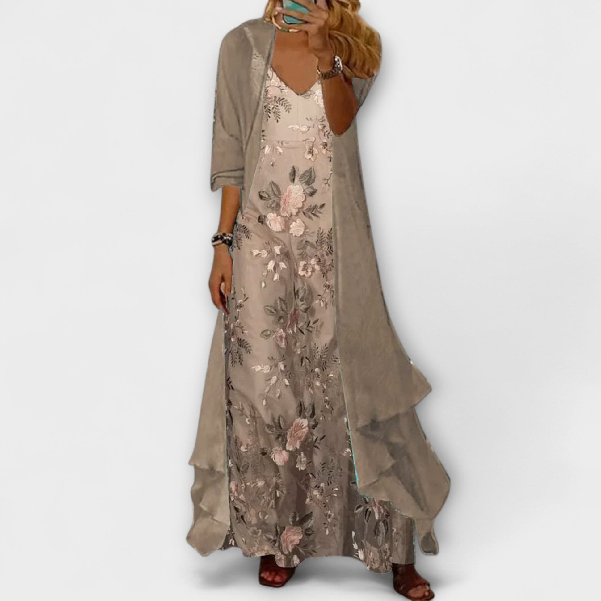 Women's Floral Maxi Dress Longline Cardigan Set - Vonnera
