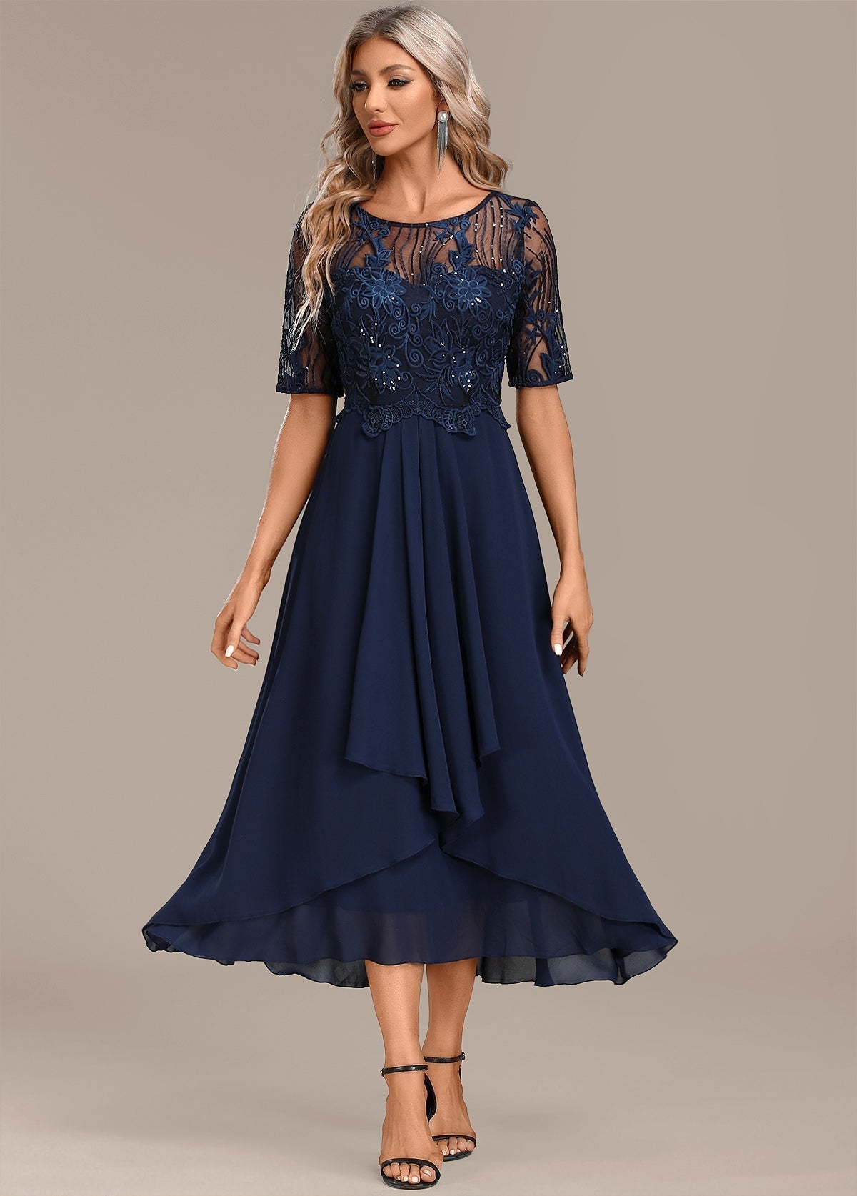 Navy Short Sleeve Lace Dress Round Neck - Vonnera