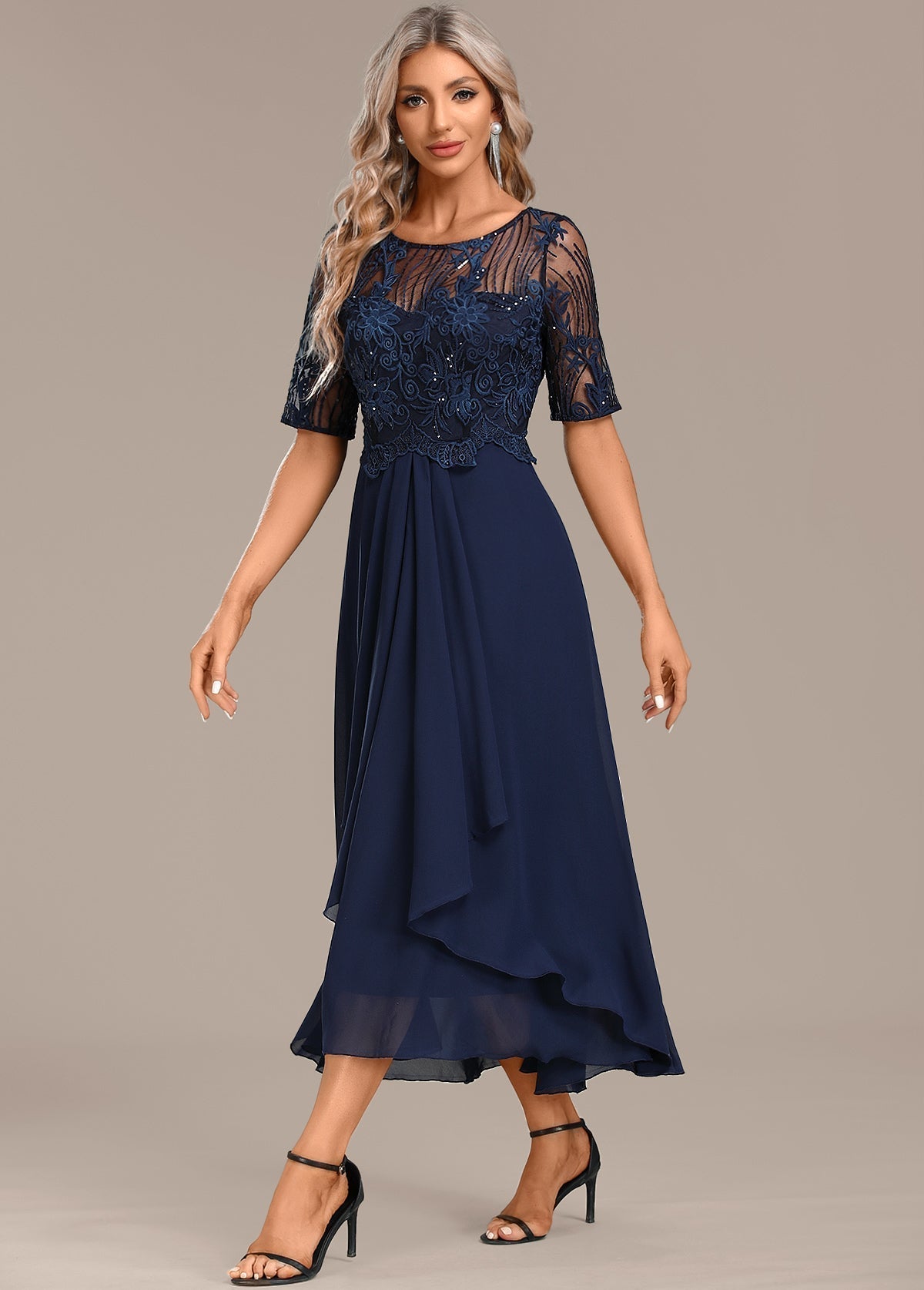 Navy Short Sleeve Lace Dress Round Neck