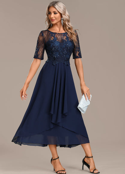Navy Short Sleeve Lace Dress Round Neck