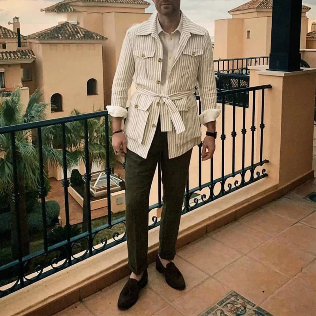 Men's Linen Striped Shirt Lightweight Beige
