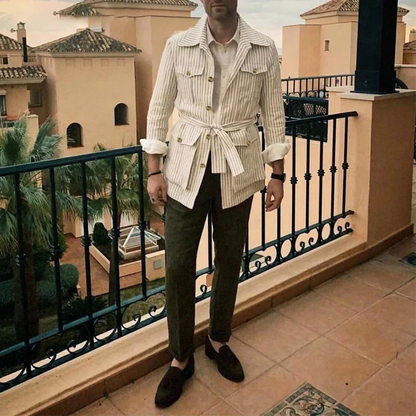 Men's Linen Striped Shirt Lightweight Beige