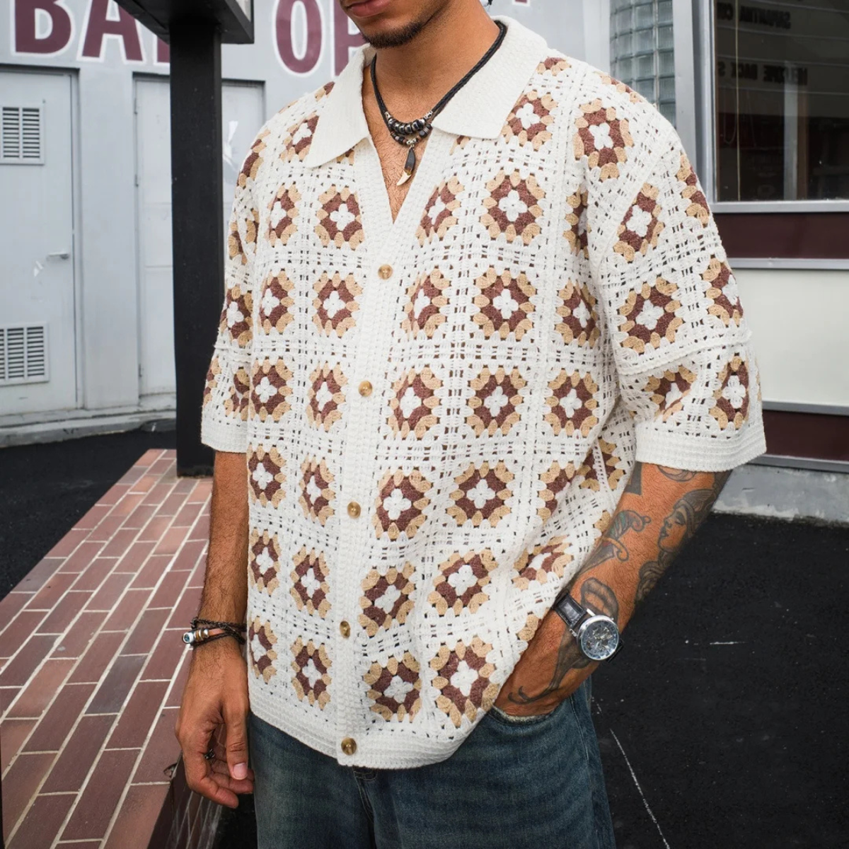 Men's Knitted Cardigan Shirt Crochet Mesh Beige