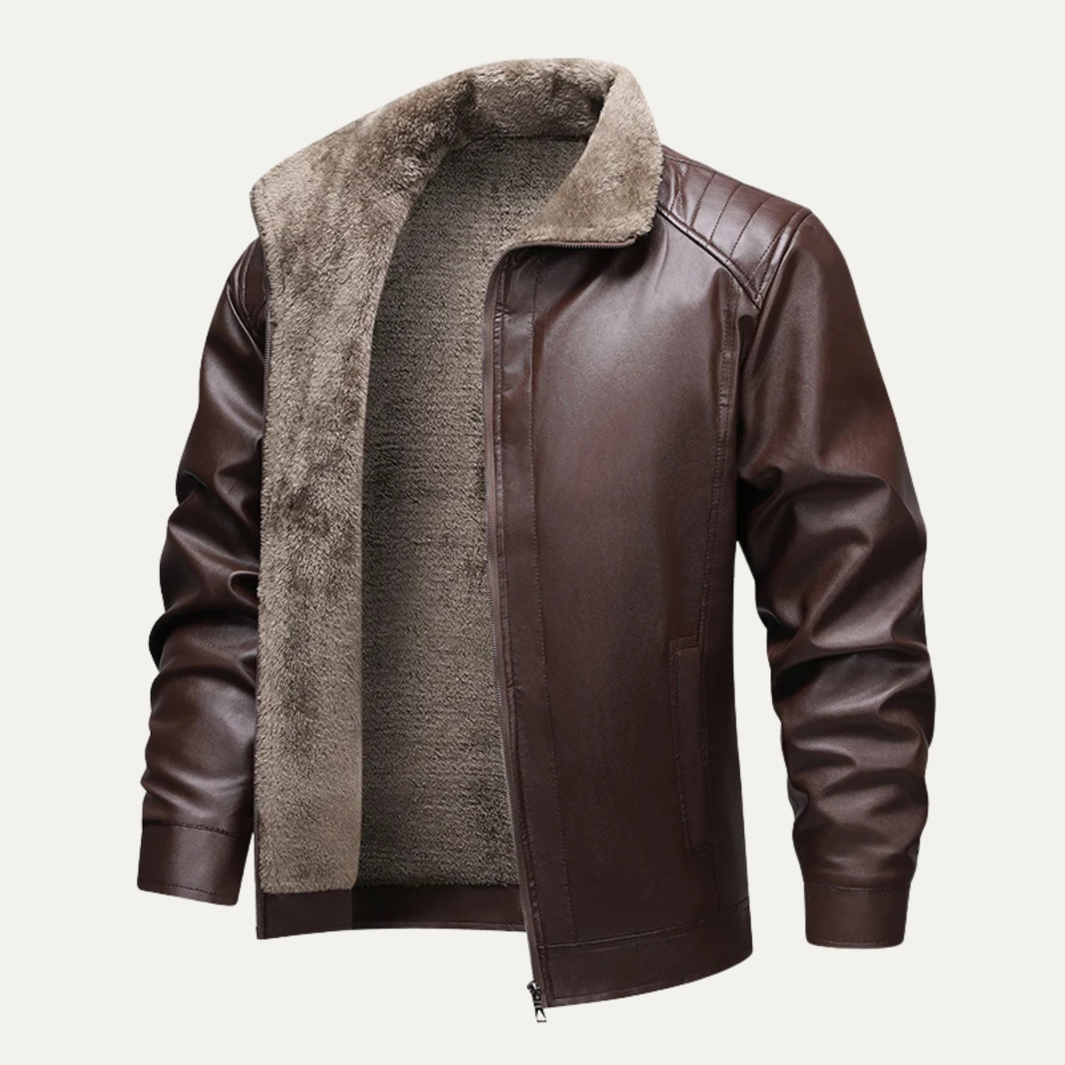 Men's Leather Biker Jacket Fleece Lined Brown