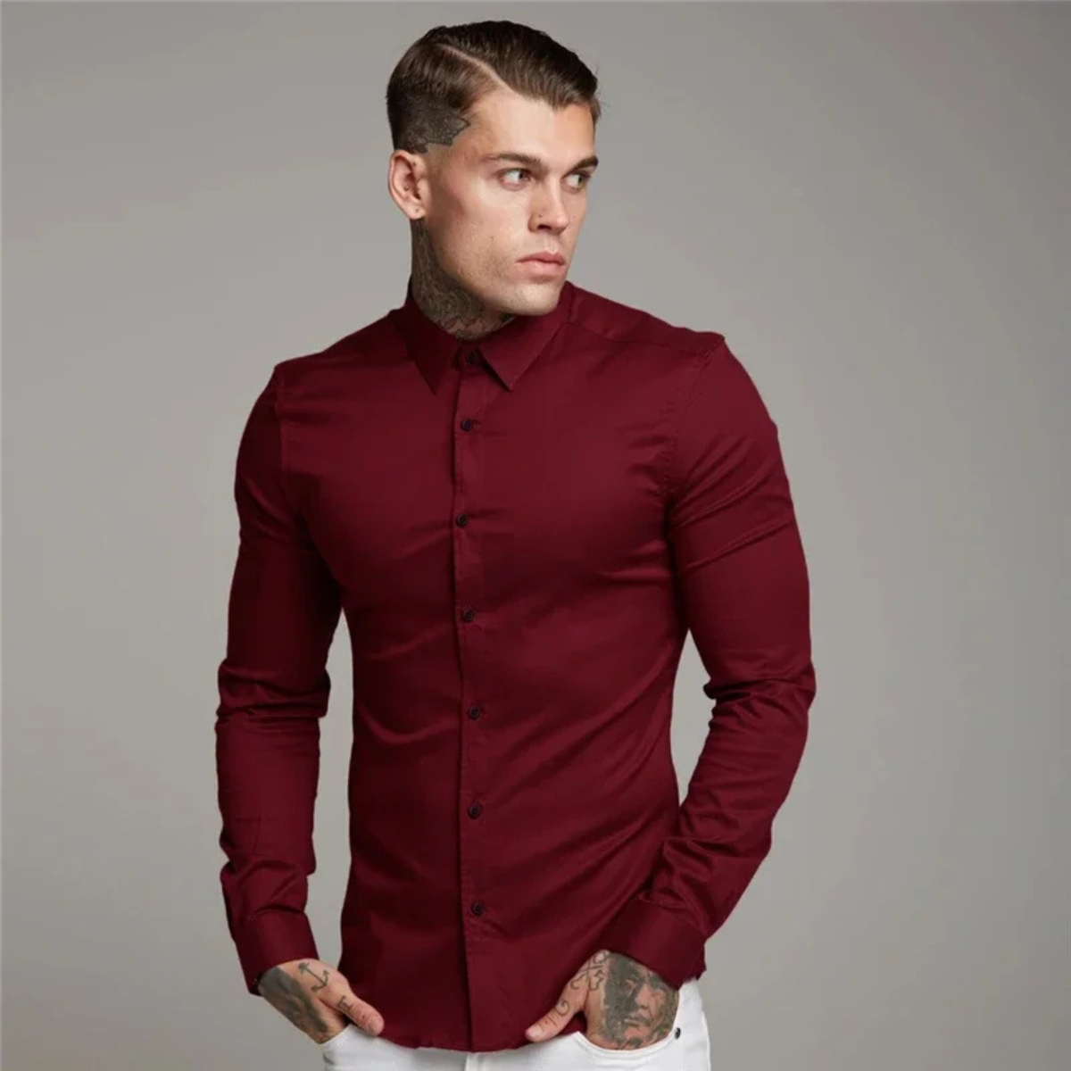 Men's Slim Fit Dress Shirt Cotton Button Up Blue