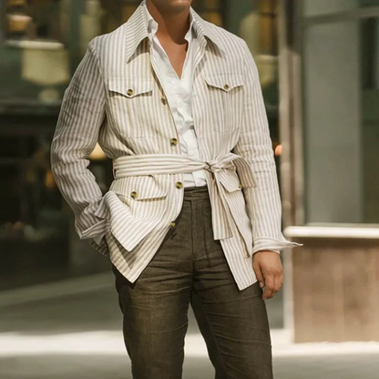 Men's Linen Striped Shirt Lightweight Beige