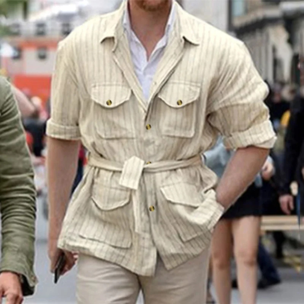 Men's Linen Striped Shirt Lightweight Beige