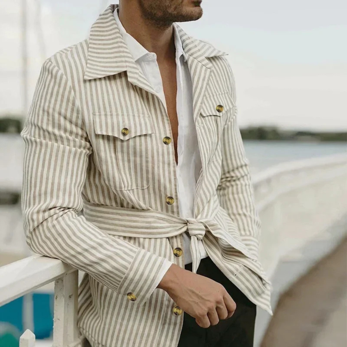 Men's Linen Striped Shirt Lightweight Beige