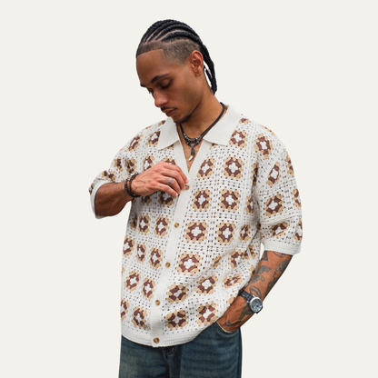 Men's Knitted Cardigan Shirt Crochet Mesh Beige