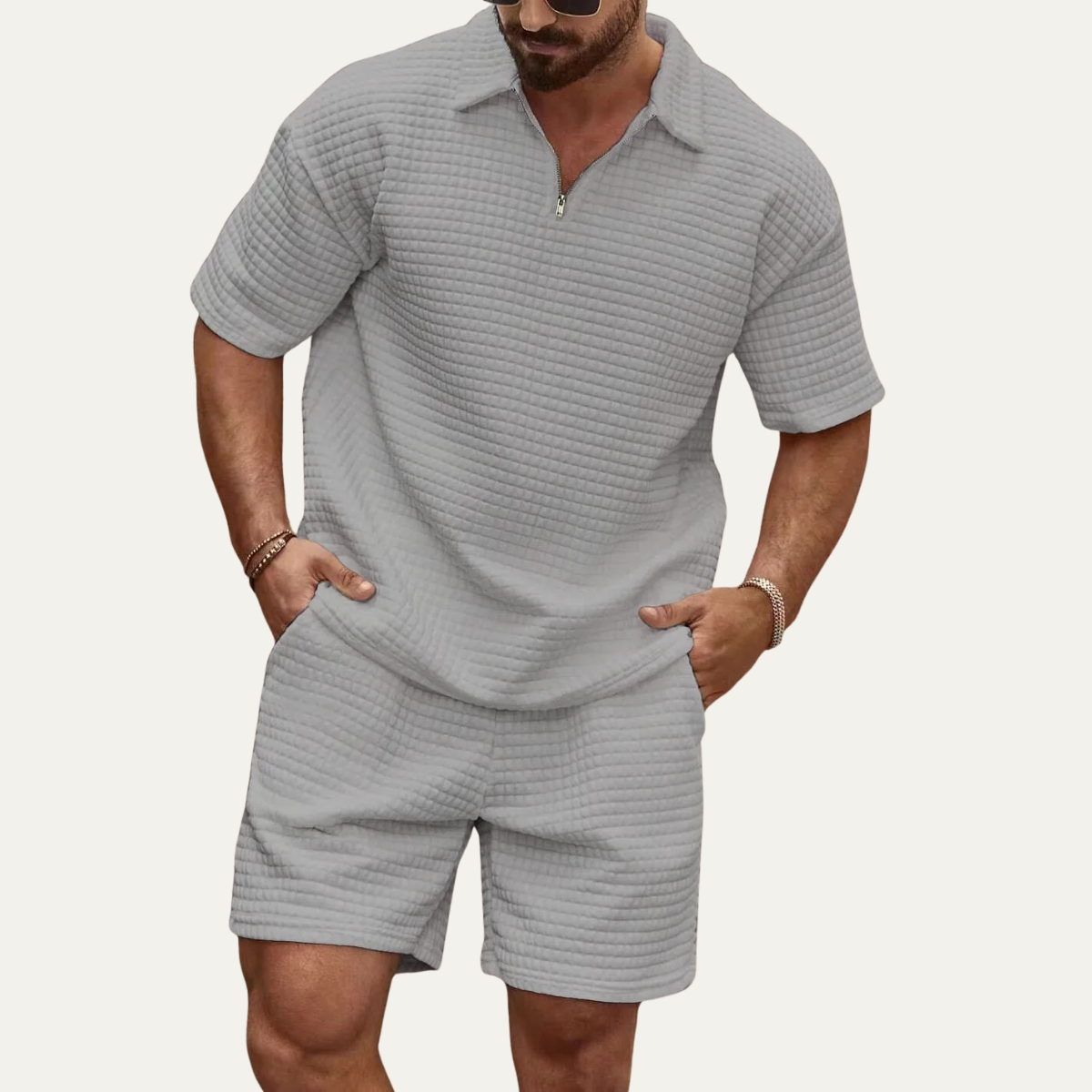 Men's Waffle Knit Polo And Shorts Set