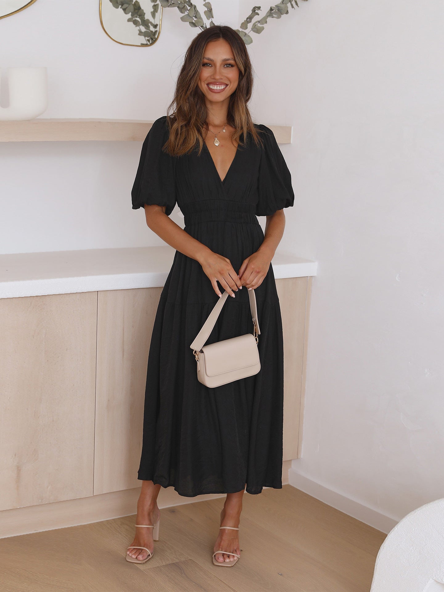 Noelle Women's V-Neck Midi Dress Puff Sleeve Smocked Waist