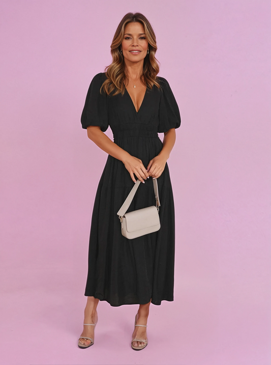 Noelle | Women's V-Neck Puff Sleeve Midi Dress with Smocked Waist