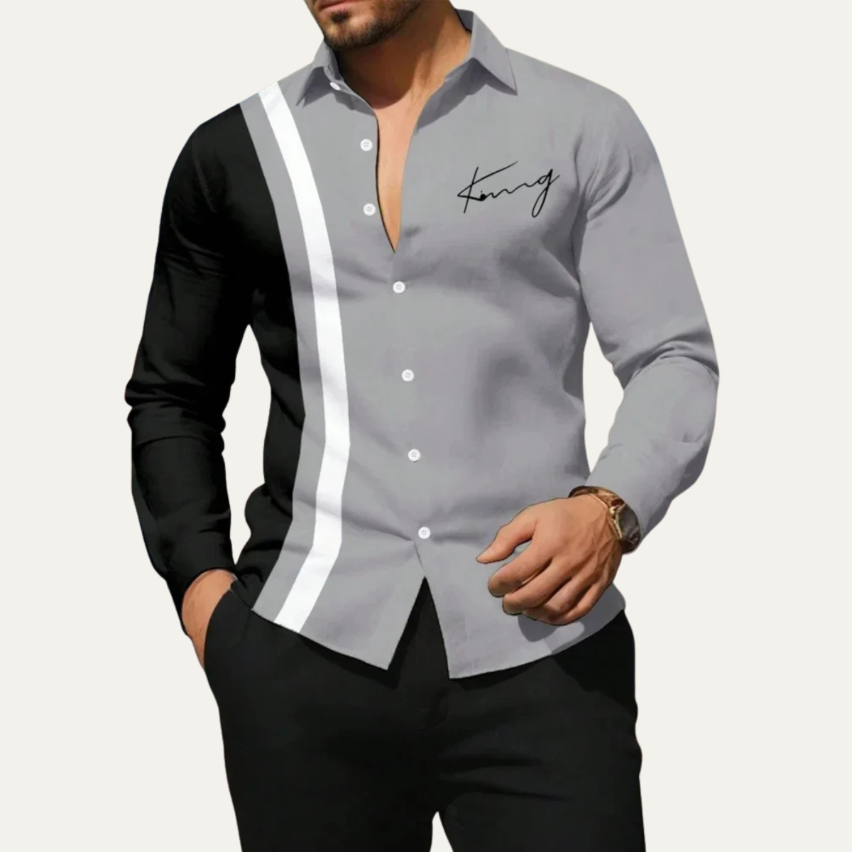 Men's Casual Striped Dress Shirt Color Block
