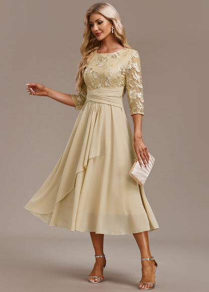 Women's Floral Round Neck Dress Champagne 3/4 Sleeve - Vonnera