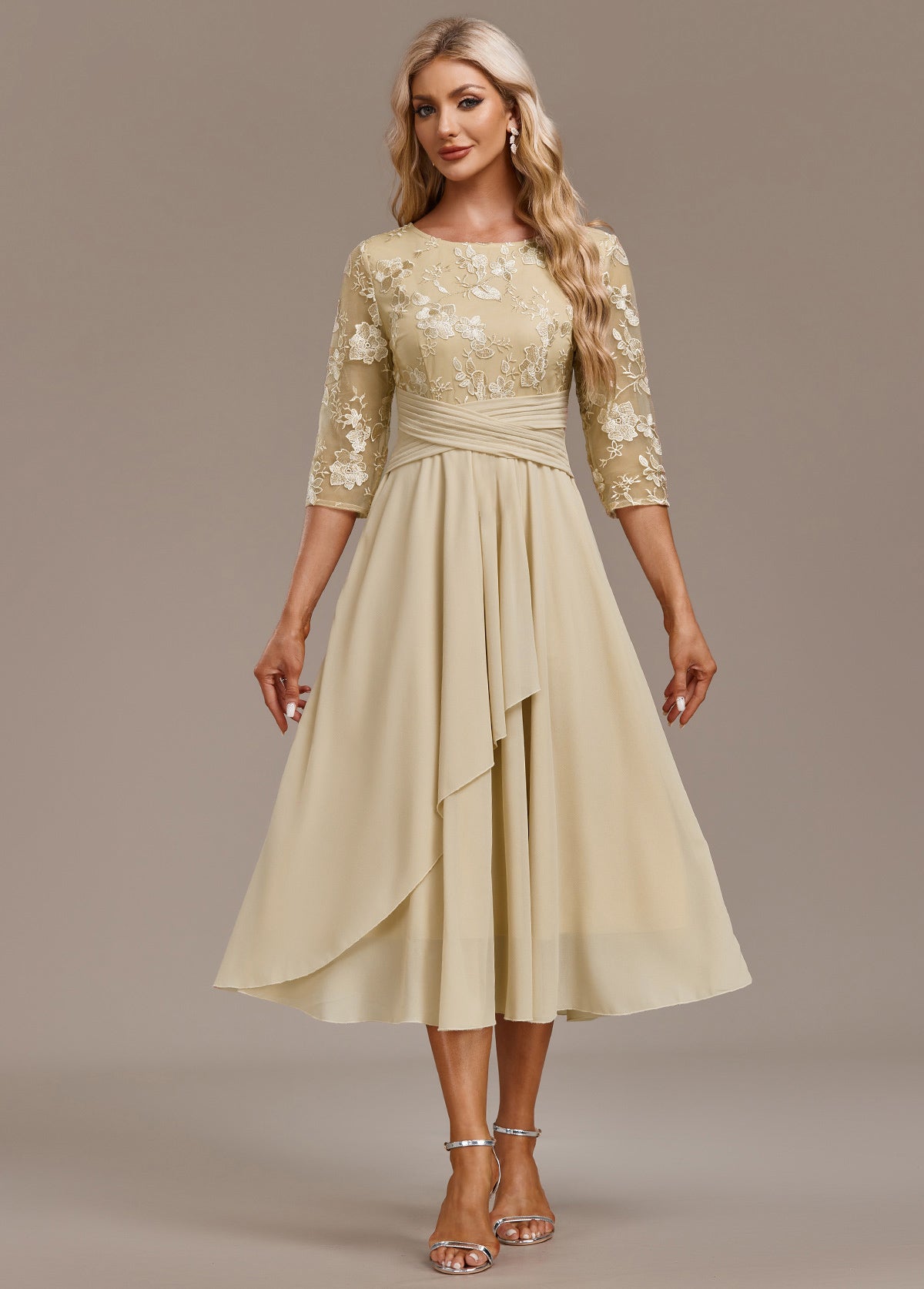 Women's Midi Chiffon Dress Floral Lace Detail