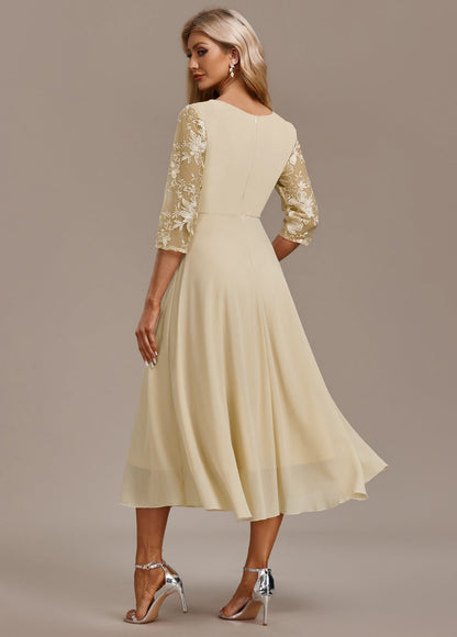 Karla™ | Champagne FLoral 3/4 Sleeve Round Neck Dress
