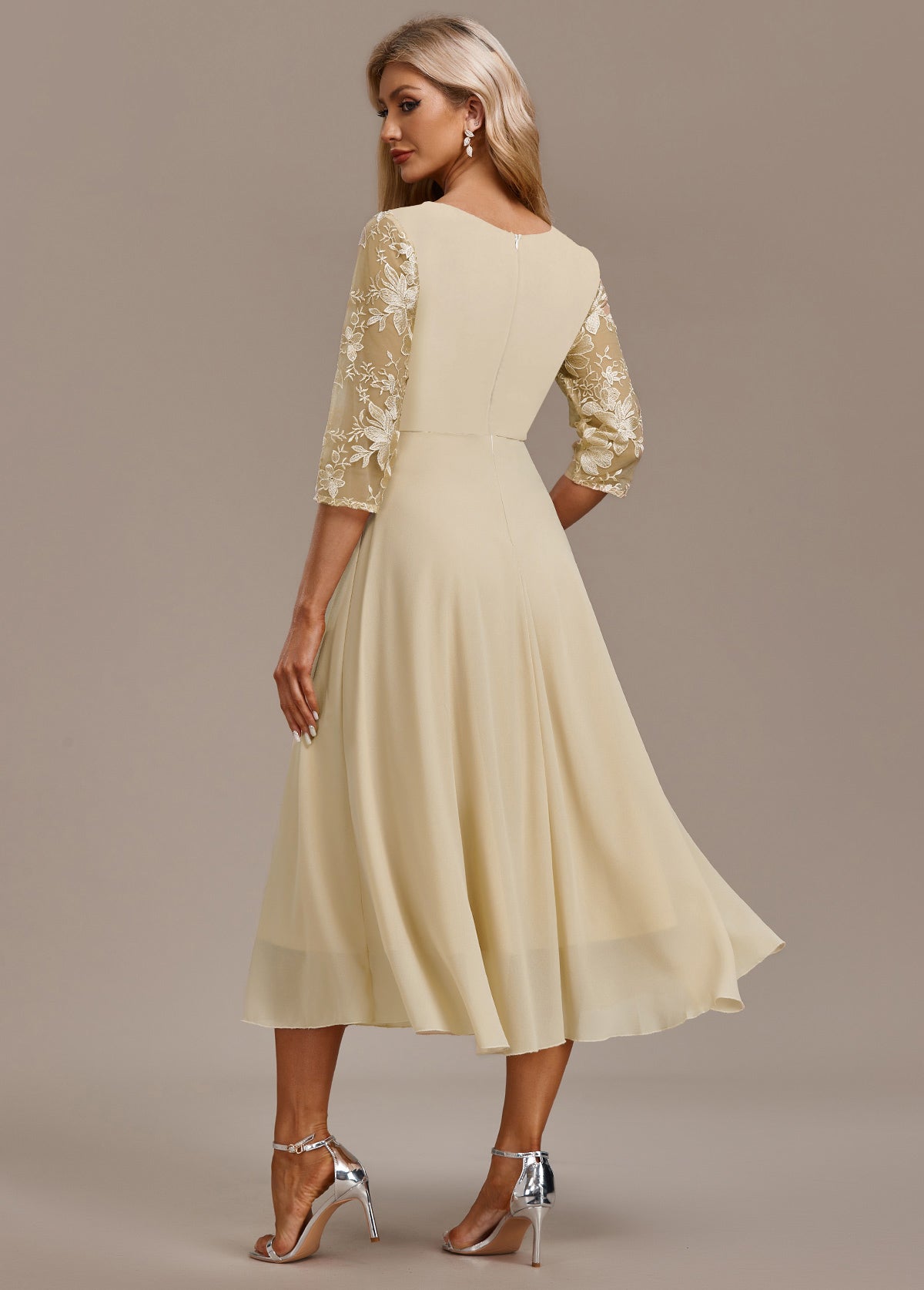 Women's Midi Chiffon Dress Floral Lace Detail