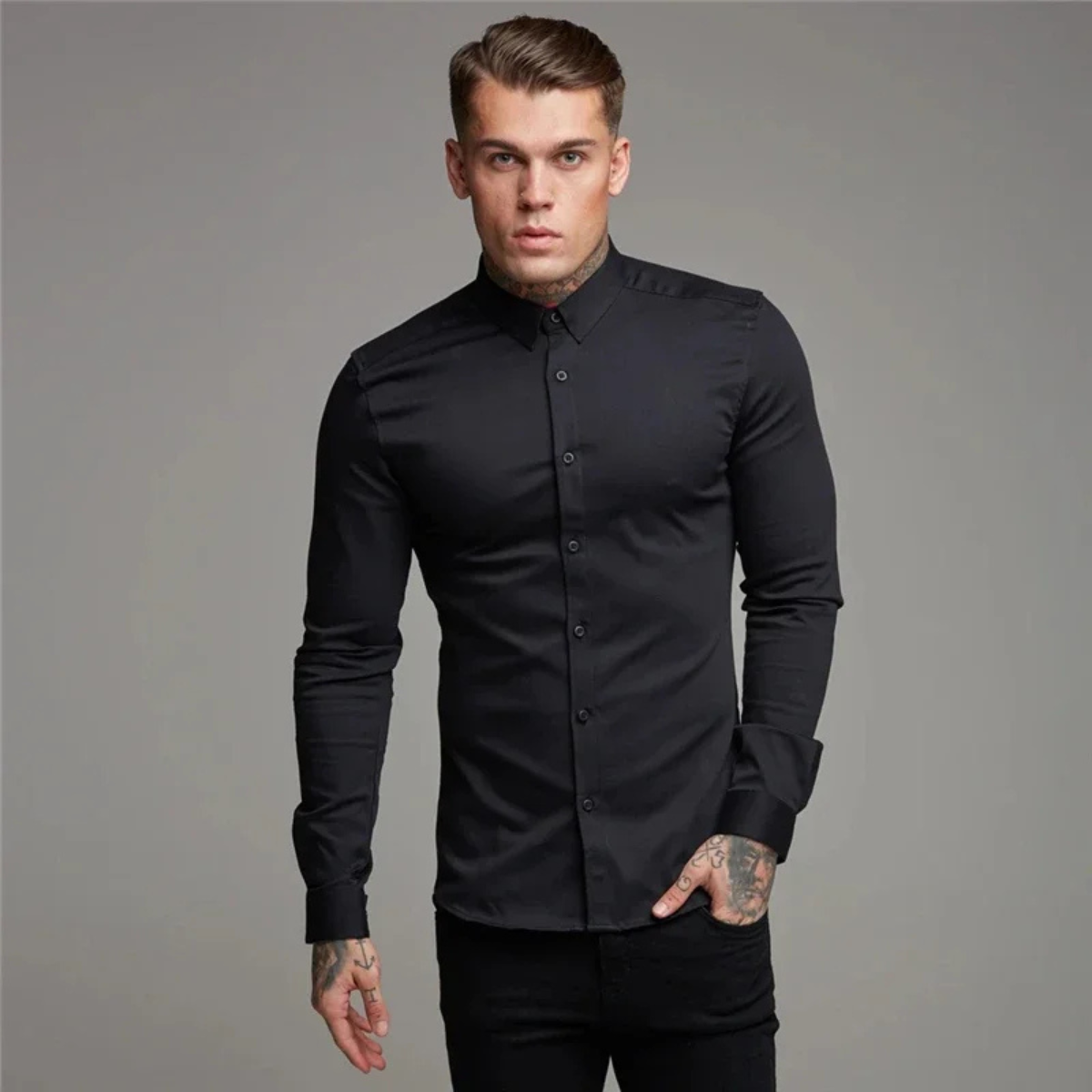 Men's Slim Fit Dress Shirt Cotton Button Up Blue