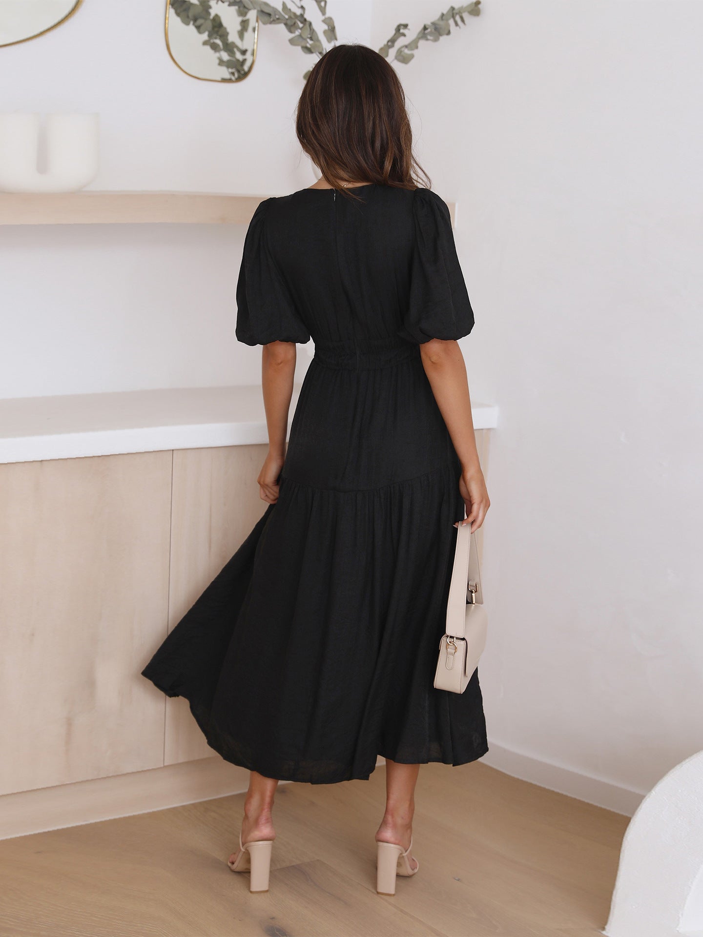 Noelle Women's V-Neck Midi Dress Puff Sleeve Smocked Waist