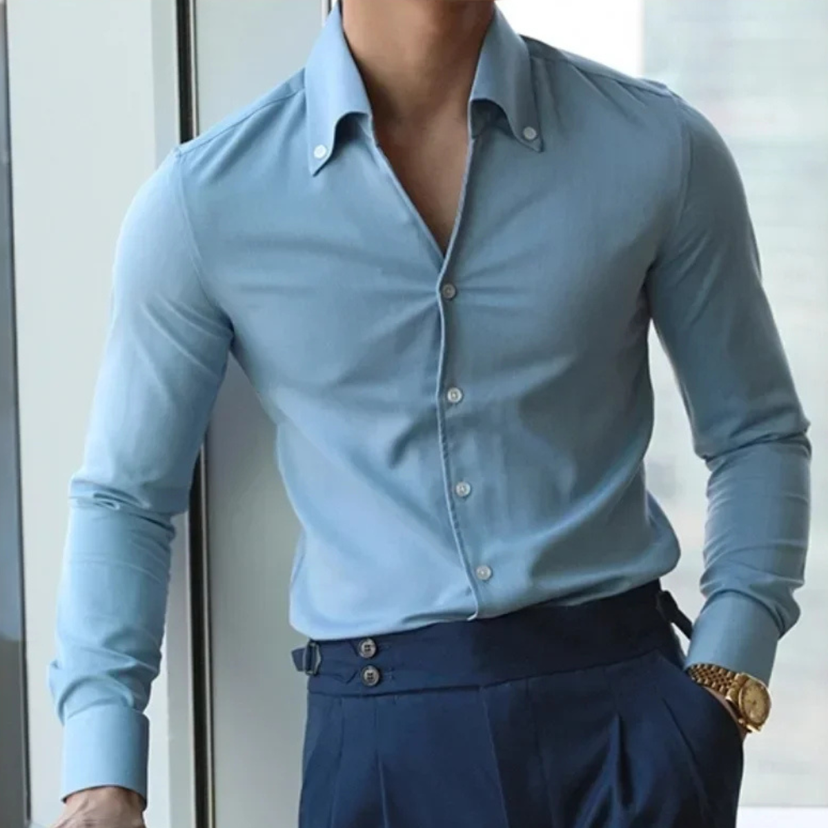 Men's Slim Fit Collar Shirt Wrinkle Casual