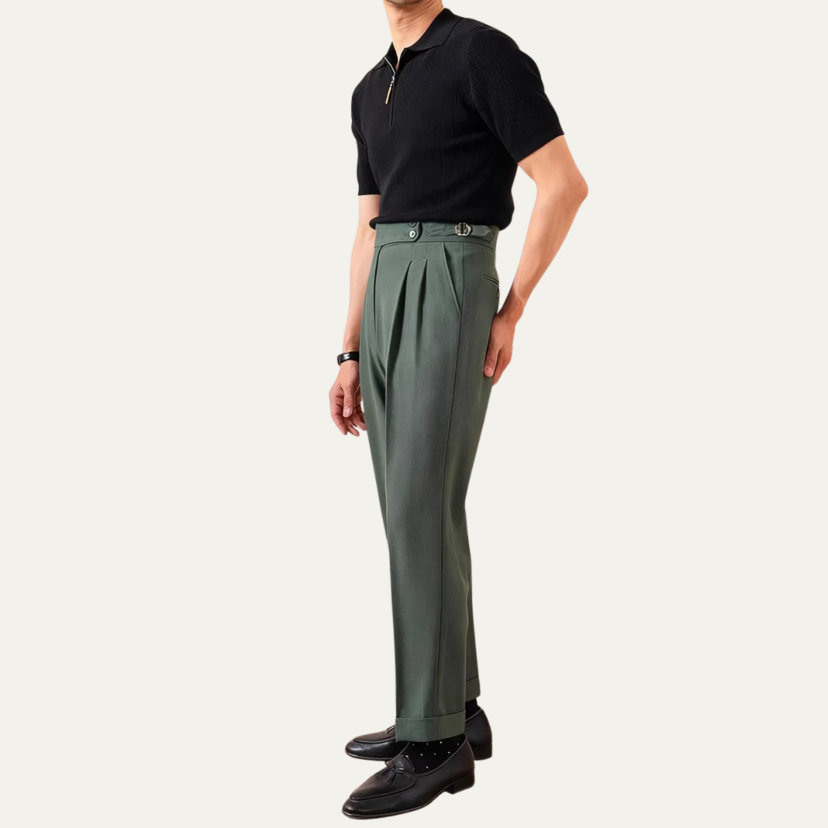Men's High Waist Double Pleated Trousers