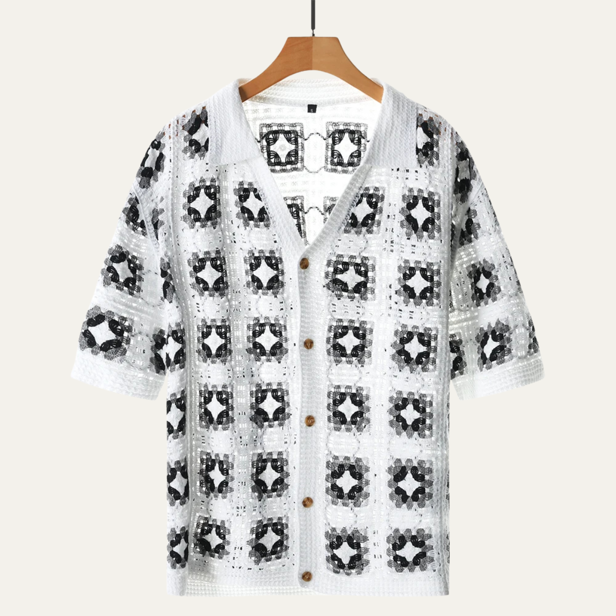 Men's Knitted Cardigan Shirt Crochet Mesh Beige
