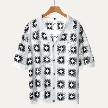 Men's Knitted Cardigan Shirt Crochet Mesh Beige