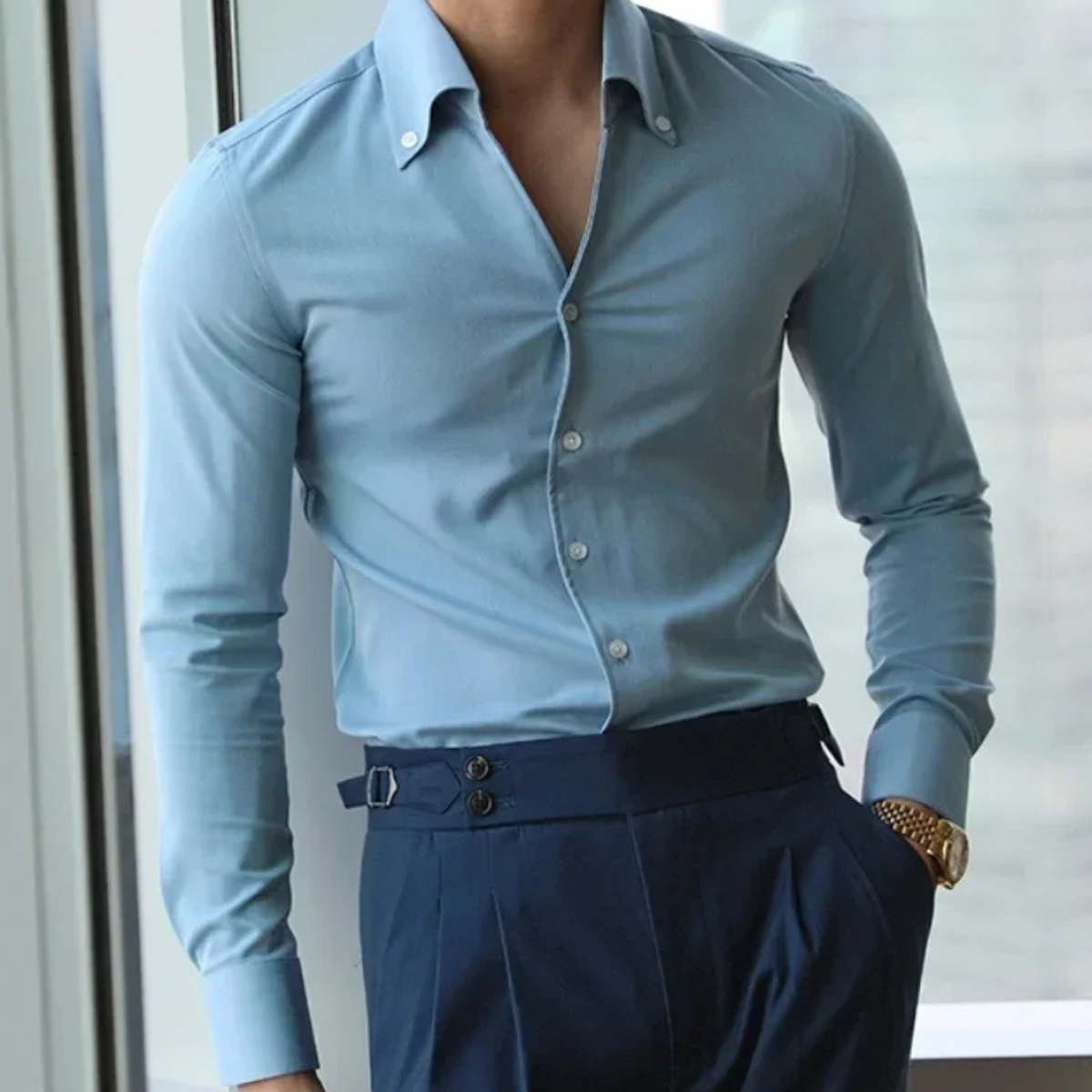 Men's Slim Fit Collar Shirt Wrinkle Casual