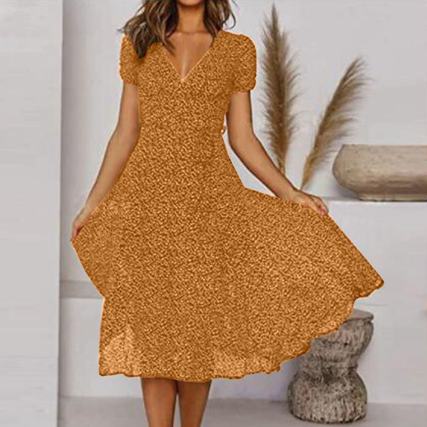 Women's A-Line V-Neck Dress Flowing Skirt